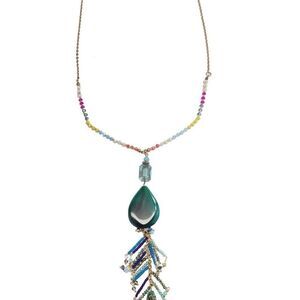 Long tassel necklace with peacock agate stone antique bronze, and crystals